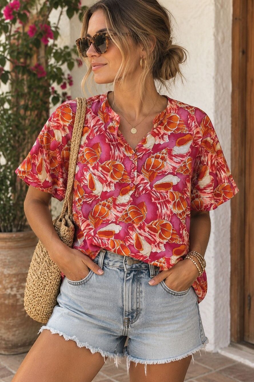 Vintage Notations Pink & Orange Seashell Print Short Sleeve Blouse Size 8